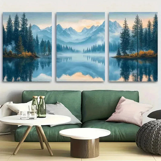 3pcs Tranquil Misty Peaks Mountain River Forest Metal Print Ready to Hang Art
