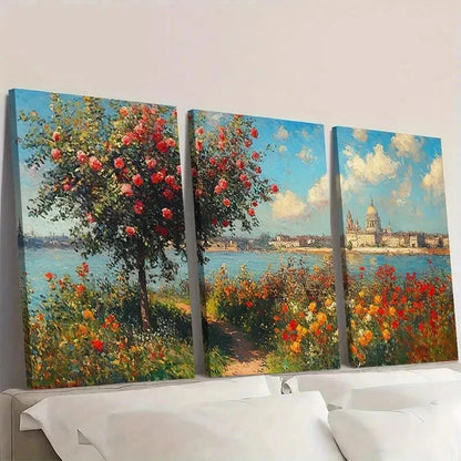 3pcs Flower Garden in Argenteuil JN Wall Art Set Canvas Framed 60x90cm - High Quality Print 100% Australian Made Wall Canvas Ready to Hang