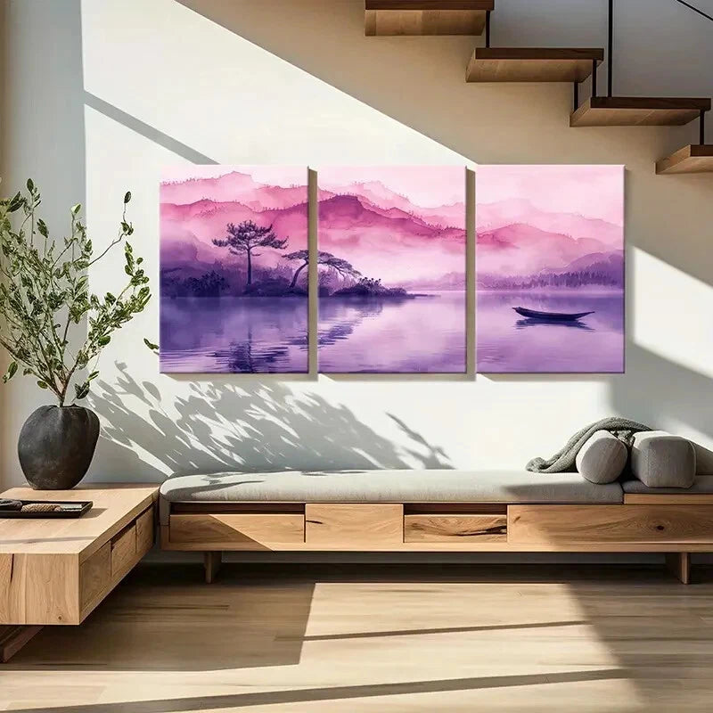 3pcs Retro Traditional Chinese Landscape Boat Metal Print Ready to Hang Art