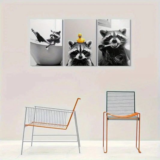 3pcs Raccoon Funny Animal Youngsters Metal Print Ready to Hang Art