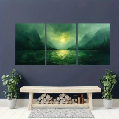 3pcs Abstract Green Mountain Landscape Art Metal Print Ready to Hang Art
