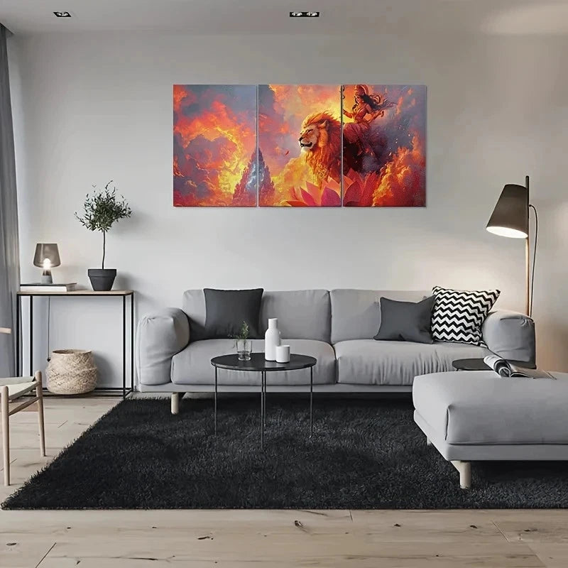 3pcs Holy Lioness Flames Fantasy Metal Print Ready to Hang Art