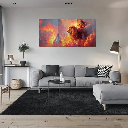 3pcs Holy Lioness Flames Fantasy Metal Print Ready to Hang Art