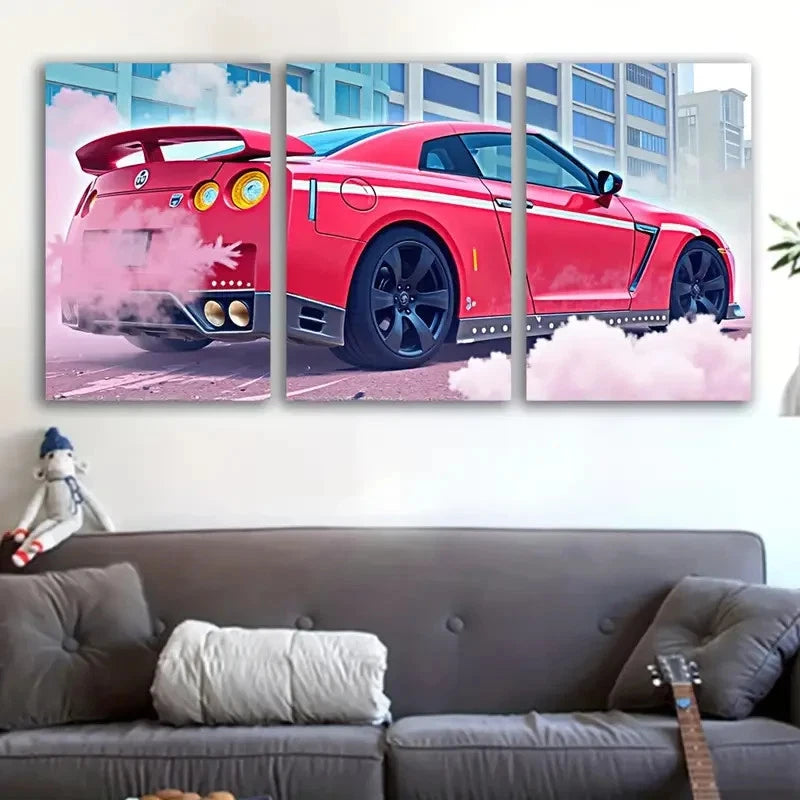 3pcs Red Sports Car With Smoke And Cityscape Wall Art Set Canvas Framed 50x70cm - High Quality Print 100% Australian Made Wall Canvas Ready to Hang