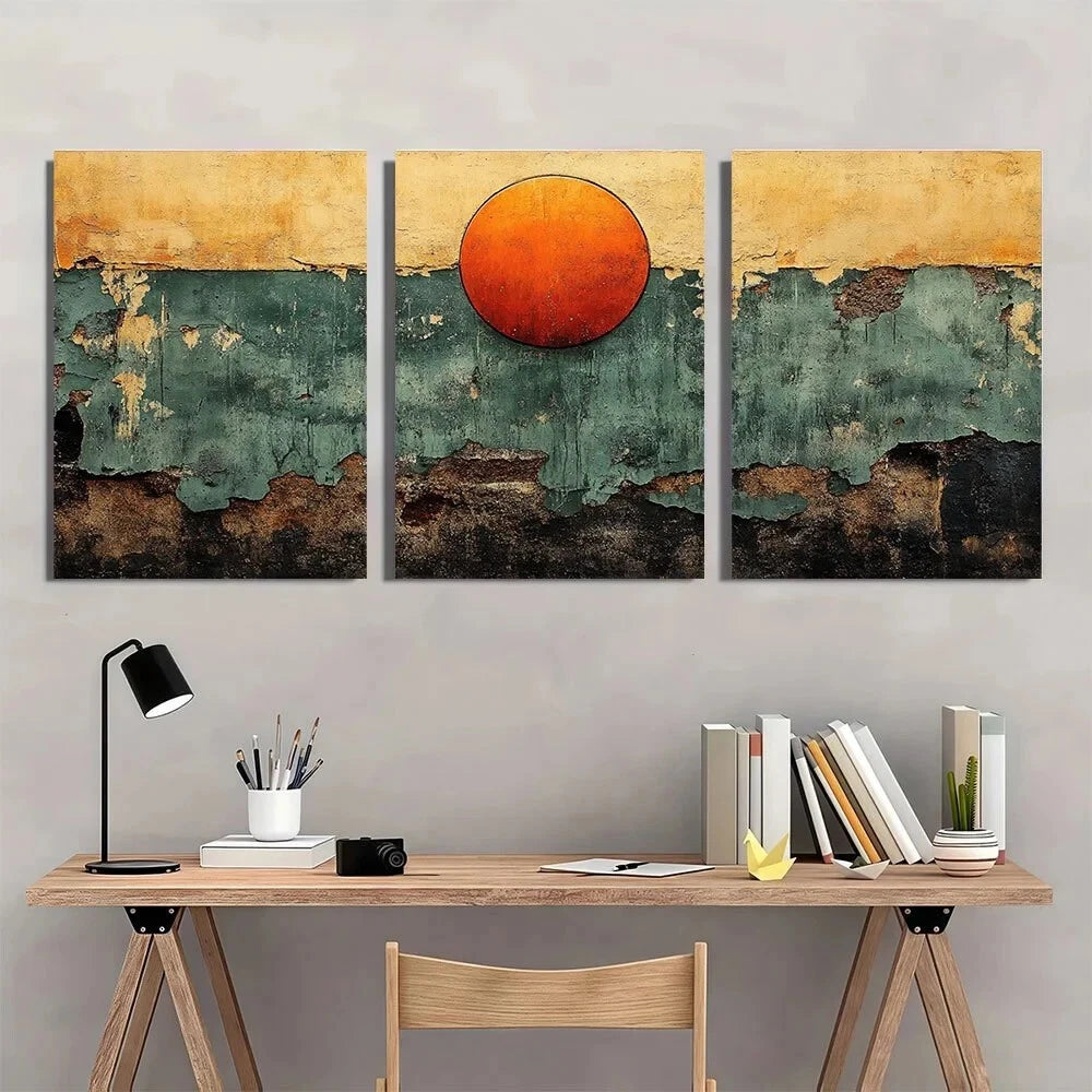 3pcs Orange and Green Abstract Neutral Metal Print Ready to Hang Art