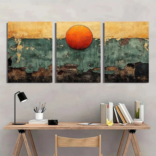 3pcs Orange and Green Abstract Neutral Metal Print Ready to Hang Art