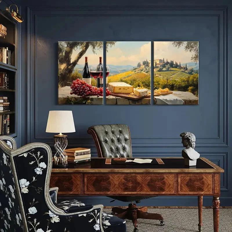 3pcs Tuscany Landscape Wine And Cheese Metal Print Ready to Hang Art