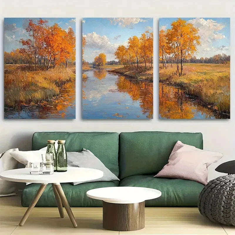 3pcs Quiet Creek In Autumn Metal Print Ready to Hang Art