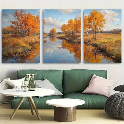 3pcs Quiet Creek In Autumn Metal Print Ready to Hang Art