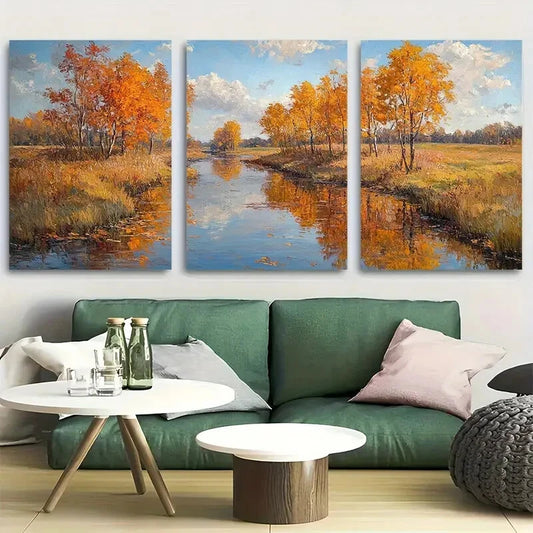 3pcs Quiet Creek In Autumn Metal Print Ready to Hang Art