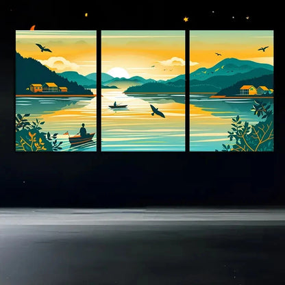 3pcs Fishing Boats on the Sea Scene Metal Print Ready to Hang Art