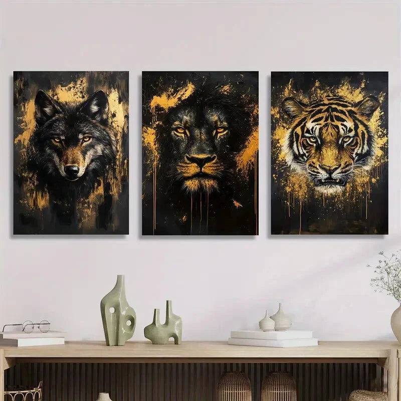 3pcs Black and Golden Jungle Animals Metal Print Ready to Hang Art