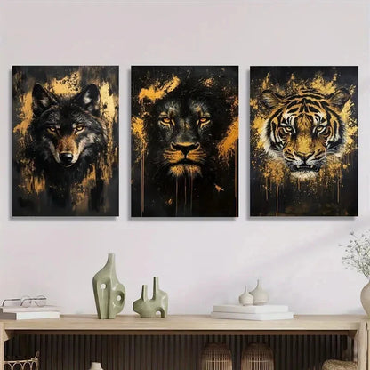3pcs Black and Golden Jungle Animals Metal Print Ready to Hang Art