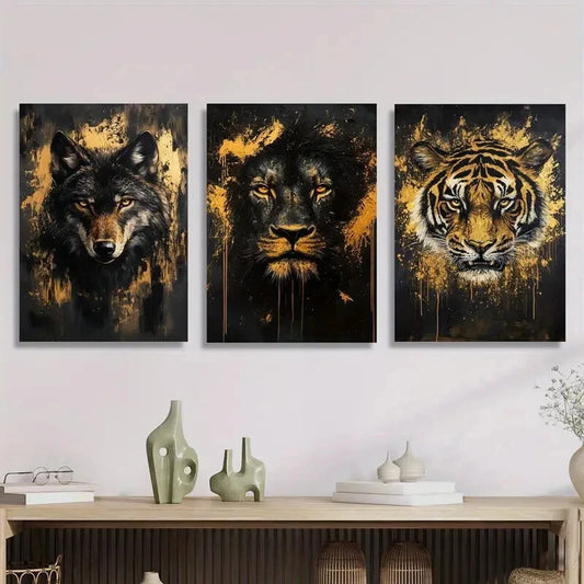 3pcs Black and Golden Jungle Animals Metal Print Ready to Hang Art