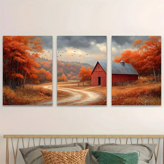 3pcs Autumn Barn Scene Rustic Countryside Metal Print Ready to Hang Art