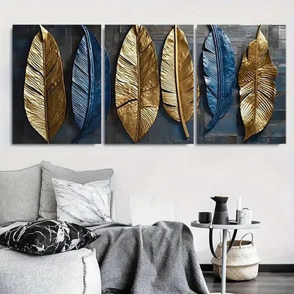 3pcs Metallic Blue Golden Feather Leaf Wall Art Set Canvas Framed 40x60cm - High Quality Print 100% Australian Made Wall Canvas Ready to Hang