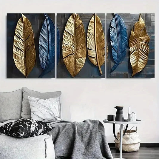 3pcs Metallic Blue Golden Feather Leaf Wall Art Set Canvas Framed 40x60cm - High Quality Print 100% Australian Made Wall Canvas Ready to Hang