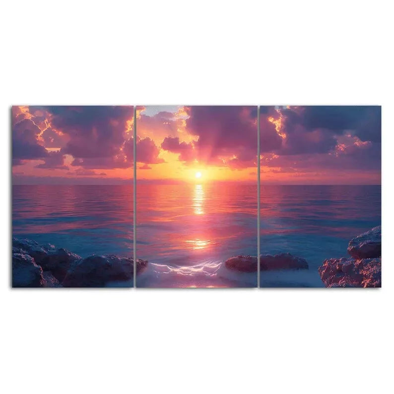Vibrant Ocean Sunset 3 Piece Canvas Framed 40x60cm - High Quality Print 100% Australian Made Wall Canvas Ready to Hang