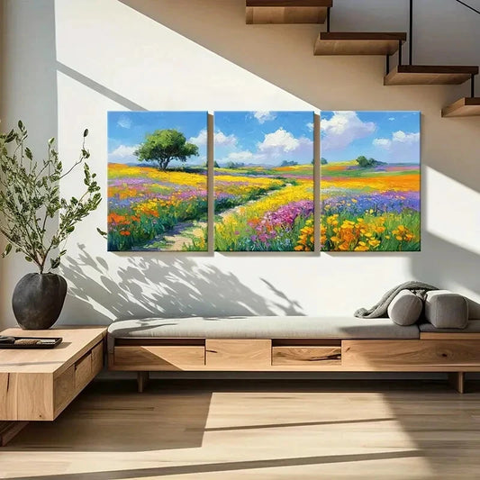 3pcs Vibrant Landscape Painting Colorful Flowers Metal Print Ready to Hang Art