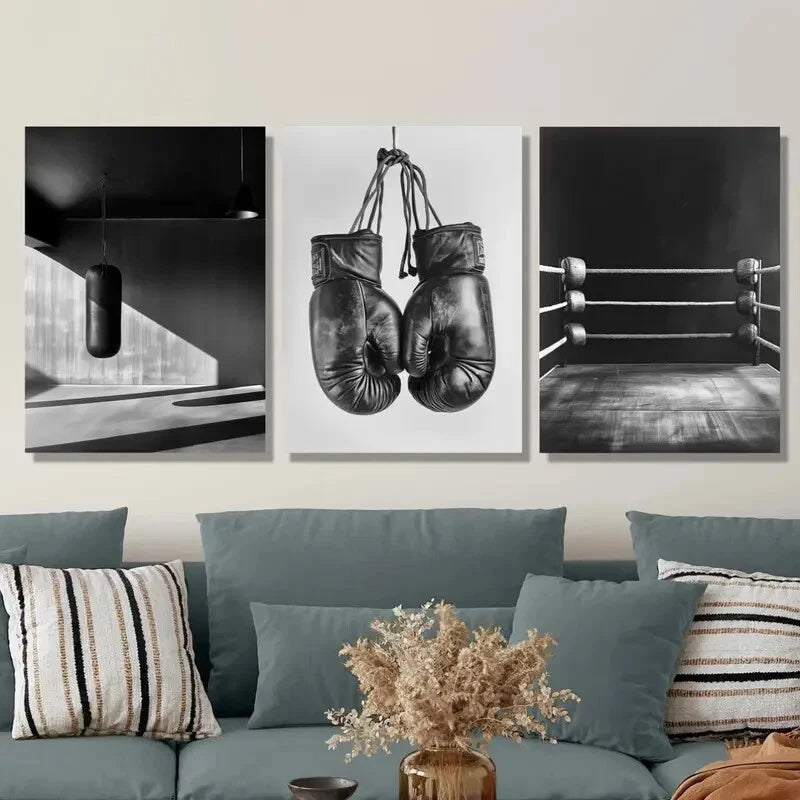 3pcs Dark Boxing Black And White Retro Photo Metal Print Ready to Hang Art