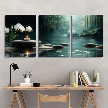 3pcs Bamboo Forest and River Water Painting Wall Art Set Canvas Framed 50x70cm - High Quality Print 100% Australian Made Wall Canvas Ready to Hang