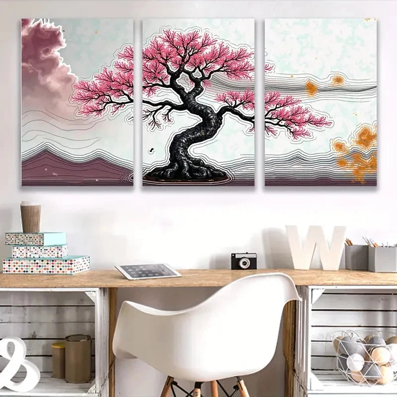 3pcs Painting of Bonsai Tree Wall Art Set Canvas Framed 40x60cm - High Quality Print 100% Australian Made Wall Canvas Ready to Hang