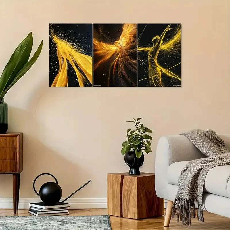 3pcs Golden & Vibrant Abstract Victory Metal Print Ready to Hang Art