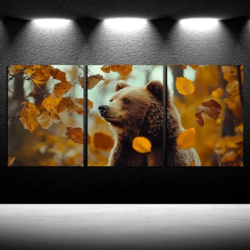 3pcs Rustic Bear in Autumn Leaves Metal Print Ready to Hang Art