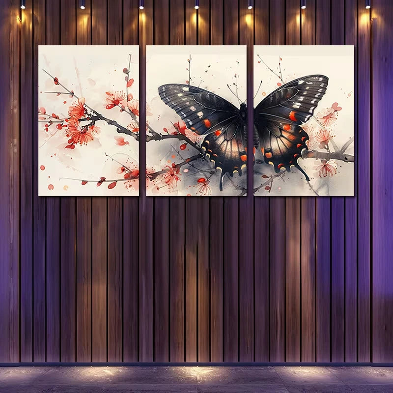 3pcs Butterfly with Red Florals Branch Wall Art Set Canvas Framed 60x90cm - High Quality Print 100% Australian Made Wall Canvas Ready to Hang