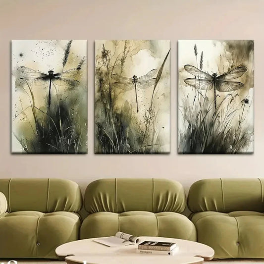 3pcs Dragonfly Watercolor Plant Painting Metal Print Ready to Hang Art