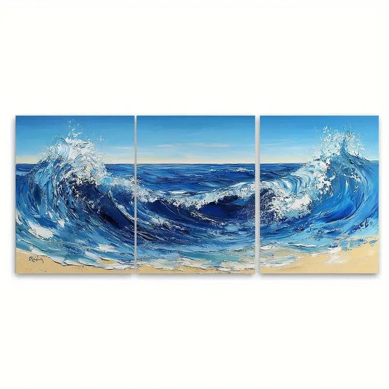 3pcs Blue Abstract Ocean Landscape Wave Beach Wall Art Set Canvas Framed 50x70cm - High Quality Print 100% Australian Made Wall Canvas Ready to Hang