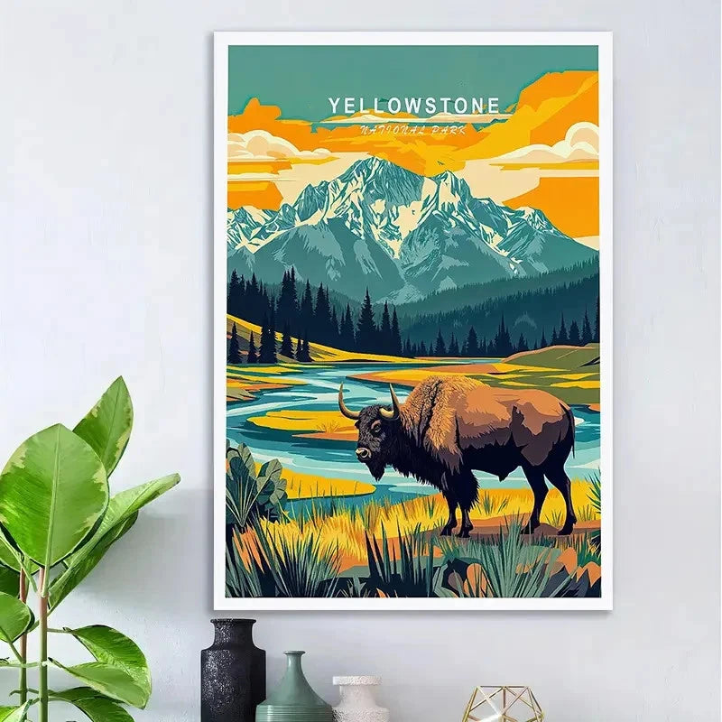 Yellowstone National Park Bison Iconic Landscape Travel Poster Print Wall Art