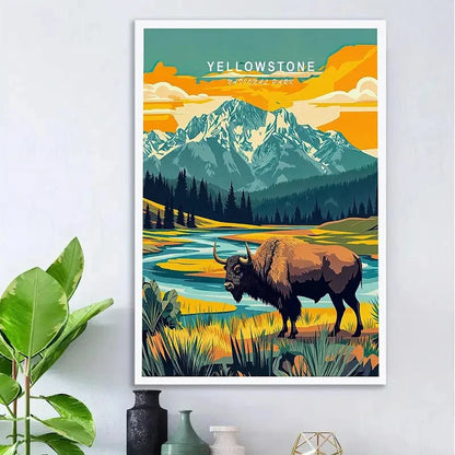 Yellowstone National Park Bison Iconic Landscape Travel Poster Print Wall Art