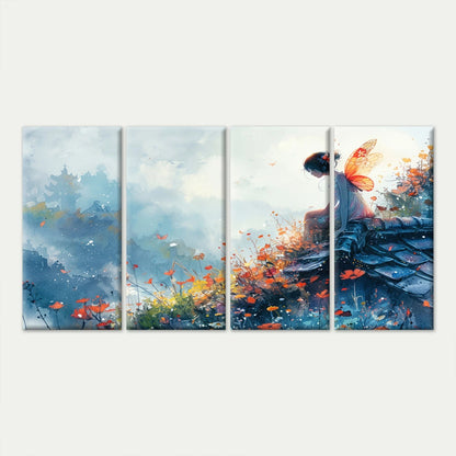 4pcs Whimsical Fairy In Garden Wall Art Canvas Framed 45x80cm - High Quality Print 100% Australian Made Wall Canvas Ready to Hang