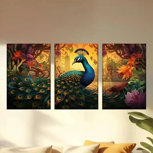 3pcs peacock with a long tail standing Wall Art Canvas Unframed - High Quality Print 100% Australian Made Wall Canvas
