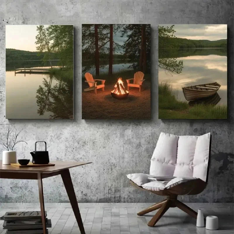 3pcs Serene Lake Campfire & Pine Trees Scenery Metal Print Ready to Hang Art