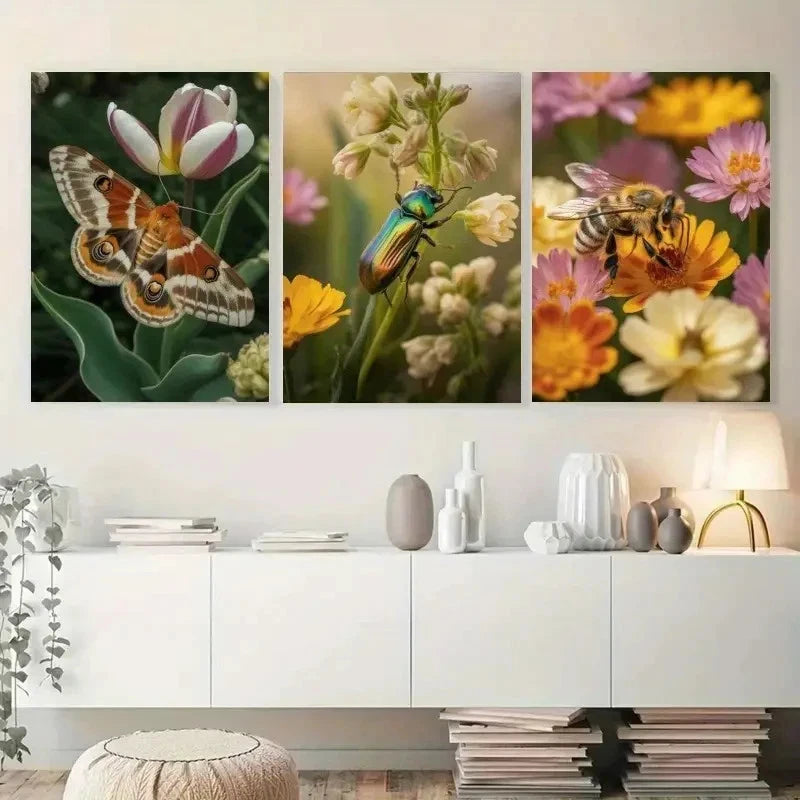 3pcs Butterfly Beetle Bee Flowers Painting Metal Print Ready to Hang Art