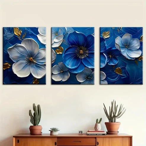 3pcs Blue And White Floral Patterns Wall Art Set Canvas Unframed - High Quality Print 100% Australian Made Wall Canvas