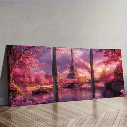 3pcs Cherry Blossoms at Eiffel Tower Wall Art Set Canvas Unframed - High Quality Print 100% Australian Made Wall Canvas