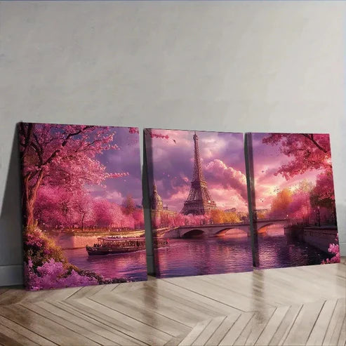 3pcs Cherry Blossoms at Eiffel Tower Wall Art Set Canvas Unframed - High Quality Print 100% Australian Made Wall Canvas