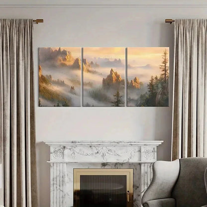 3pcs Mountain Landscape Misty Peaks Forest Scene Metal Print Ready to Hang Art