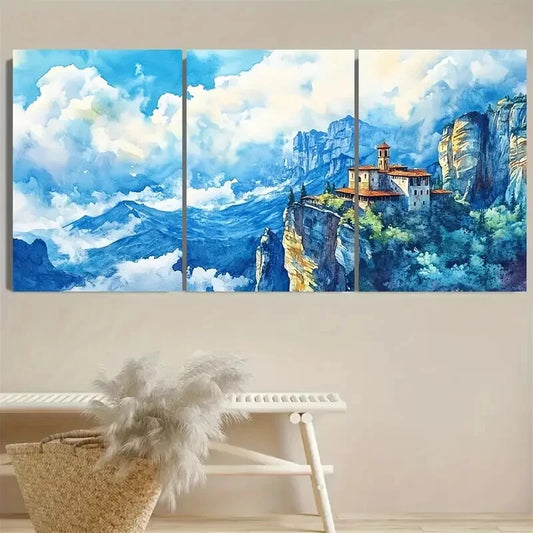 3pcs Meteora Monastery Greece European Nature Metal Print Ready to Hang Art