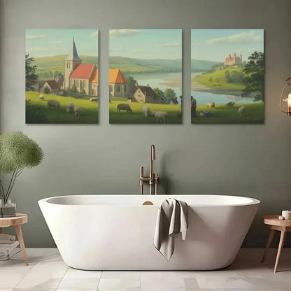 3pcs Vintage Style Featuring Castle Painting Metal Print Ready to Hang Art