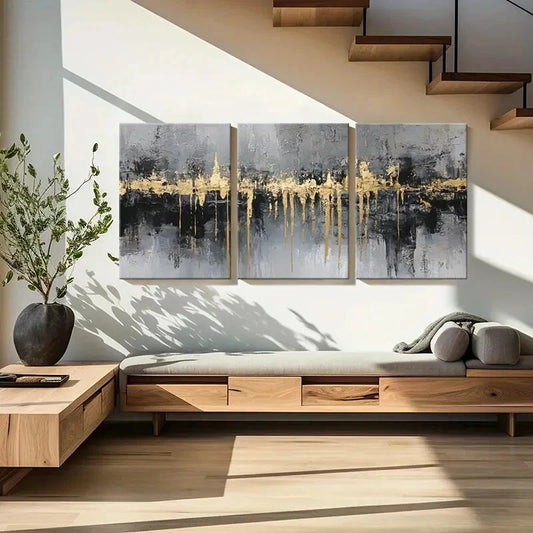 3pcs Abstract Golden Drip Neutral Palette Art Metal Print Ready to Hang Art