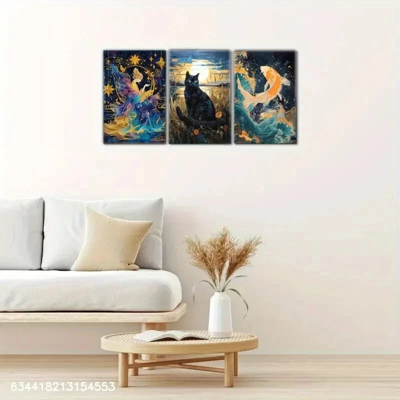 3pcs Sea Waves and Fish Cat Decoration Poster Metal Print Ready to Hang Art