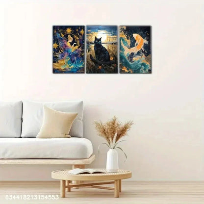 3pcs Sea Waves and Fish Cat Decoration Poster Metal Print Ready to Hang Art