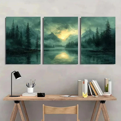 3pcs Trees Mountains & Lake Vintage Nature Wall Art Set Canvas Framed 40x60cm - High Quality Print 100% Australian Made Wall Canvas Ready to Hang