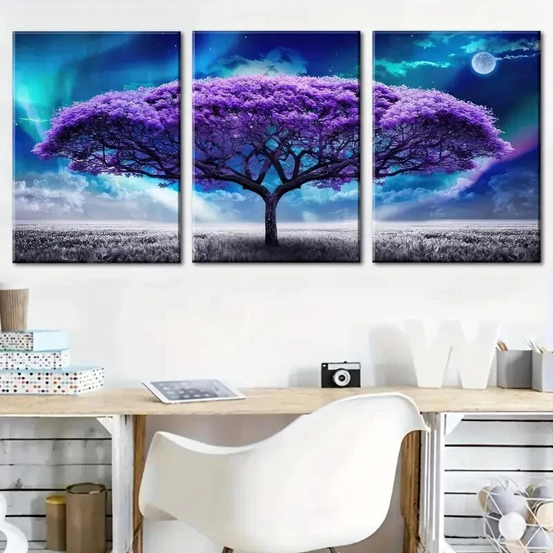 3pcs Purple Tree Life Ucnder Starry Sky Perfect Wall Art Set Canvas Framed 40x60cm - High Quality Print 100% Australian Made Wall Canvas Ready to Hang