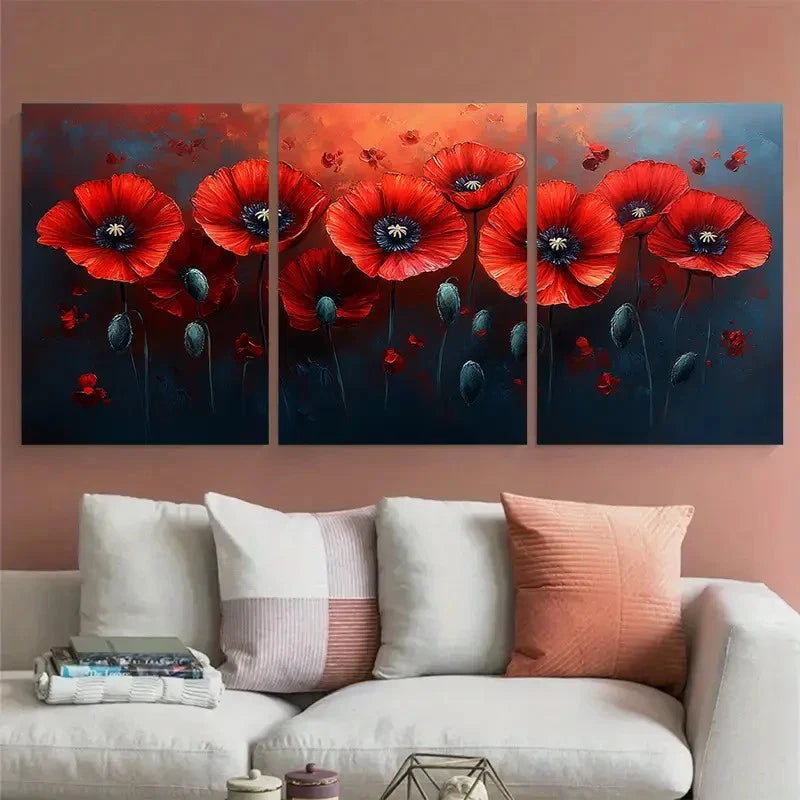 3pcs Red Poppies Floral Illustration Wall Art Set Canvas Framed 50x70cm - High Quality Print 100% Australian Made Wall Canvas Ready to Hang