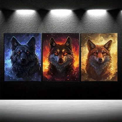 3pcs Vibrant furious Dogs Heads Illustration Metal Print Ready to Hang Art
